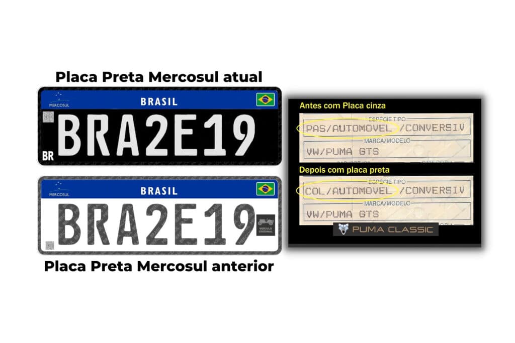 As diferenças nas placas pretas Mercosul e a mudança de espécie no documento para “coleção”. Imagem ArteMILITEC BrasilPuma Classics